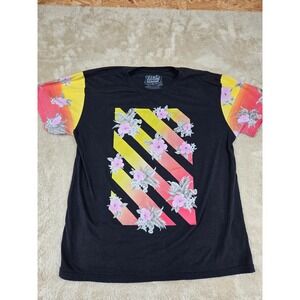 Fresh Laundry Men's Black Floral Striped T Shirt Size XL Tropical Hawaii